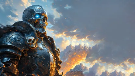 Skeletal Warrior in Armor Overlooking Mountains - free art & design wallpaper 1920×1080