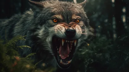 Snarling Wolf with Amber Eyes in Forest - free animals wallpaper 5824×3264