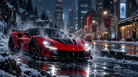 Red Ferrari Sports Car in Snowy Urban Night Scene - free cars & vehicles wallpaper 8360×4705