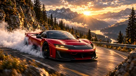 Red Ferrari Sports Car Drifting on Mountain Road at Sunset - free cars & vehicles wallpaper 8360×4705