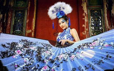 Asian Woman in Traditional Blue and White Dress with Feathered Headdress - free people & portraits wallpaper 1920×1200