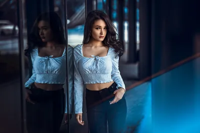 Woman in Light Blue Crop Top Posing by Glass Panels - free people & portraits wallpaper 2048×1365
