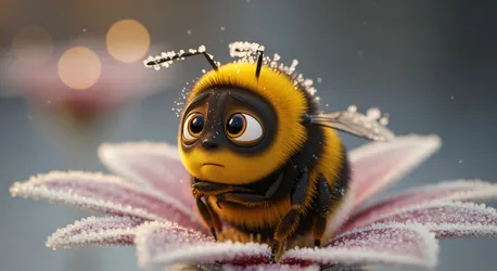 Adorable Cartoon Bee On Frosted Flower Petals - free animals wallpaper 4689×2557