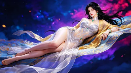 Ethereal Woman in Golden Silk Reclining on Ornate Fabric - free fantasy wallpaper 3858×2171