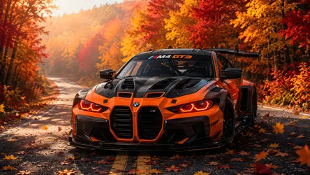 Orange BMW M4 GT3 on Autumn Forest Road - free cars & vehicles wallpaper 8360×4705