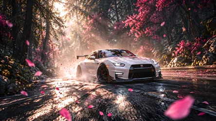 White Sports Car Racing Through Blooming Forest Path - free cars & vehicles wallpaper 8360×4705