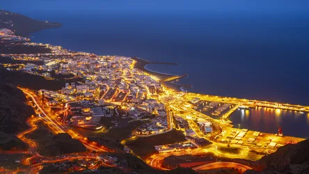 Illuminated Coastal City at Twilight with Harbor - free landscapes wallpaper 4500×2531
