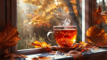 Steaming Tea Cup By Window With Autumn Leaves - free nature wallpaper 5440×3060