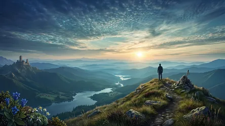 Mountain Peak Vista with Hiker and Castle at Sunset - free landscapes wallpaper 3840×2160