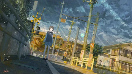 Anime Girl Standing at Sunny Suburban Intersection - free anime wallpaper 4096×2305