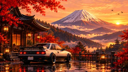 Sports Car at Japanese Temple with Mount Fuji at Sunset - free cars & vehicles wallpaper 8360×4705