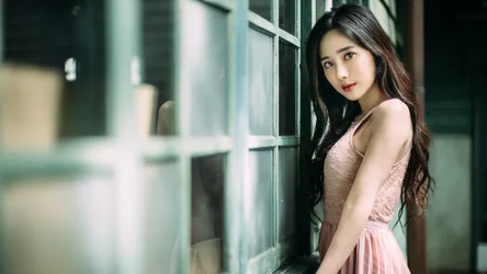 Young Woman in Pink Dress by Green Window - free people & portraits wallpaper 4000×2249