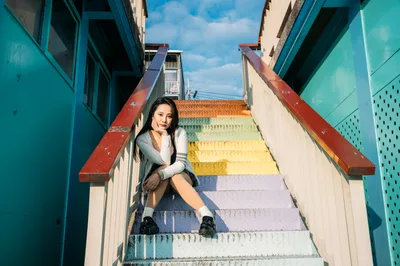 Woman Posing on Colorful Rainbow Staircase - free people & portraits wallpaper 4000×2657