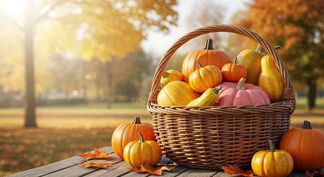Autumn Harvest Basket with Pumpkins and Pears - free nature wallpaper 4224×2304
