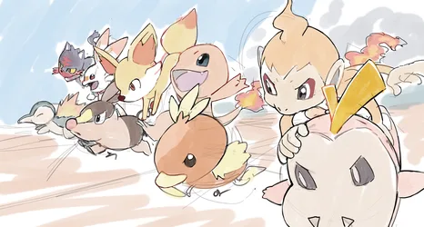 Fire Type Starters Gathering in the Sand - free anime wallpaper 3000×1606