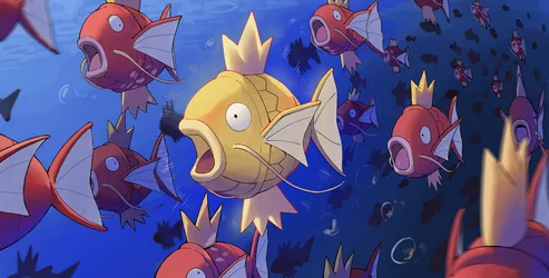 Golden Magikarp Reigns Over the Deep Blue Swarm - free gaming wallpaper 3000×1522
