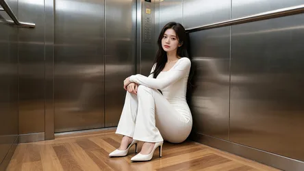 Woman in White Outfit Posing in Modern Elevator - free people & portraits wallpaper 3412×1920