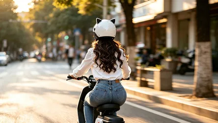 Woman on Scooter in Urban Street at Golden Hour - free people & portraits wallpaper 3412×1920