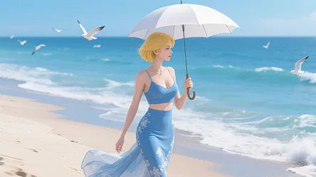 Woman with Umbrella on Beach Overlooking Ocean - free art & design wallpaper 3840×2160