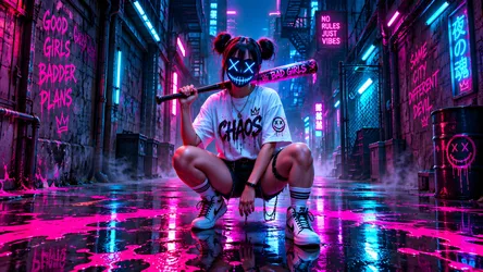 Neon Cyberpunk Girl With Baseball Bat in Urban Street - free cyberpunk wallpaper 8360×4705