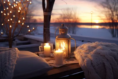 Winter Sunset Lanterns by Frozen Lake with Candles - free wallpaper 5376×3584