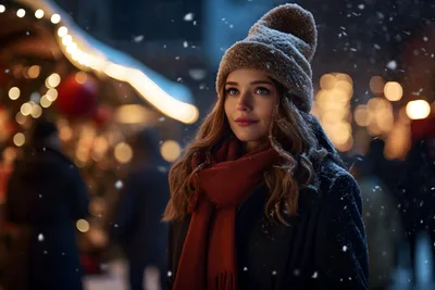 Woman in Winter Attire Standing in Snowy Night Street - free people & portraits wallpaper 5376×3584