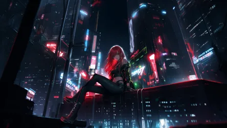 Red-Haired Anime Girl in Neon Cyberpunk City - free wallpaper 4928×2772