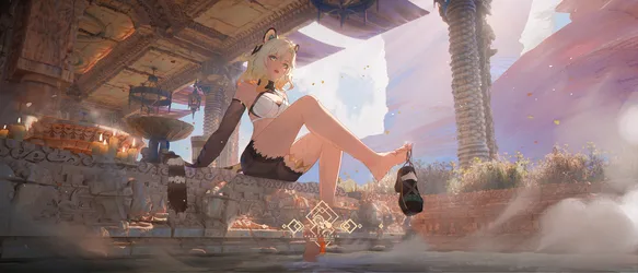Desert Sanctuary: Xilonen's Golden Hour - free gaming wallpaper 3360×1440
