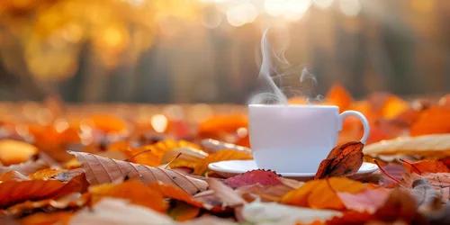 Steaming Cup Among Autumn Leaves at Golden Hour - free photography wallpaper 5000×2500