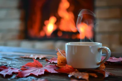 Steaming Mug by Fireplace with Autumn Leaves - free photography wallpaper 4500×3000