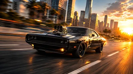 Black Muscle Car with Supercharger Cruising City Streets - free cars & vehicles wallpaper 8360×4705