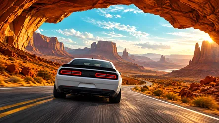 White Muscle Car Driving Through Desert Cave Tunnel - free cars & vehicles wallpaper 8360×4705
