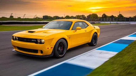 Yellow Dodge Challenger SRT on Racing Track at Sunset - free cars & vehicles wallpaper 3000×1688