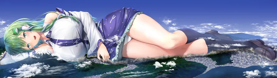 Kochiya Sanae's Giant Slumber Over Gensokyo - free wallpaper 6000×1687