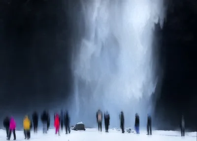 Figures Standing Before Massive Waterfall in Snow - free nature wallpaper 4881×3484