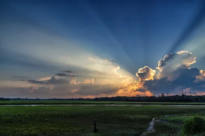 Dramatic Sunset Over Wetland Fields with Crepuscular Rays - free landscapes wallpaper 7680×5120