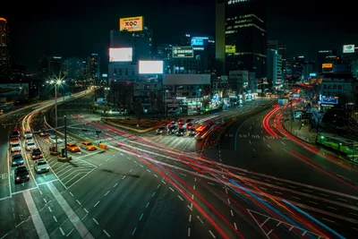 Seoul Night Traffic Light Trails Urban Intersection - free city & urban wallpaper 7680×5123