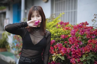 Woman Holding Pink Flower By Magenta Bougainvillea - free people & portraits wallpaper 4000×2658