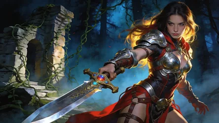 Warrior Woman With Ornate Sword in Mystical Forest - free fantasy wallpaper 4992×2806