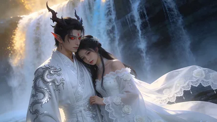 Ethereal Demon and Maiden by Cascading Waterfall - free fantasy wallpaper 4992×2806