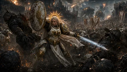 Divine Warrior in Golden Armor Amid Apocalyptic Battlefield - free fantasy wallpaper 3344×1882