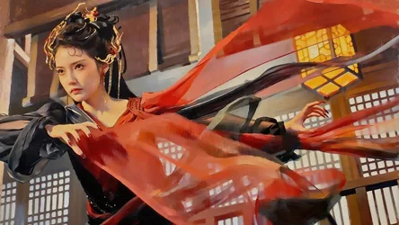 Elegant Woman in Red Flowing Robes in Traditional Palace - free fantasy wallpaper 2560×1439
