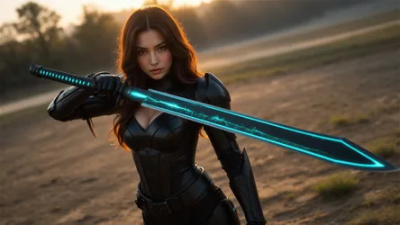 Warrior Woman with Glowing Cyan Sword at Sunset - free people & portraits wallpaper 1920×1080