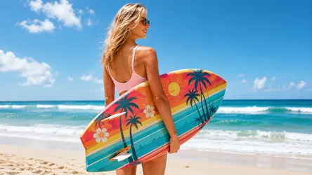 Surfer Girl With Colorful Board at Tropical Beach - free people & portraits wallpaper 8360×4705
