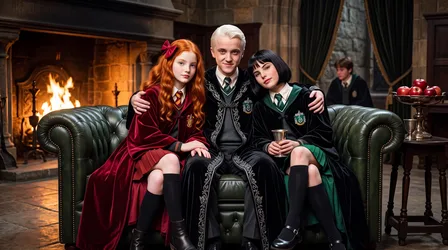 Three Students in Wizarding Robes by Fireplace - free movies & tv wallpaper 5504×3072