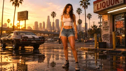 Woman Standing By Muscle Car In Urban Sunset - free people & portraits wallpaper 8360×4705