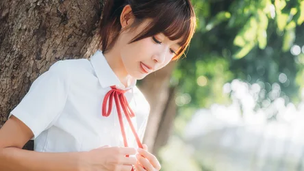 Young Woman in School Uniform by Tree - free wallpaper 6144×3453