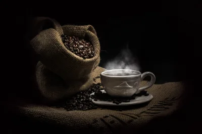 Steaming Coffee Cup With Coffee Beans and Burlap Sack - free food wallpaper 2048×1356