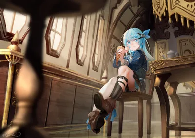 Blue-Haired Anime Girl in Elegant Interior - free wallpaper 1920×1356