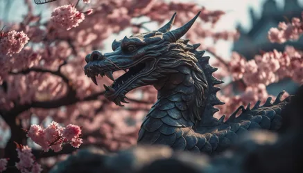 Stone Dragon Statue Among Cherry Blossoms - free photography wallpaper 6067×3467